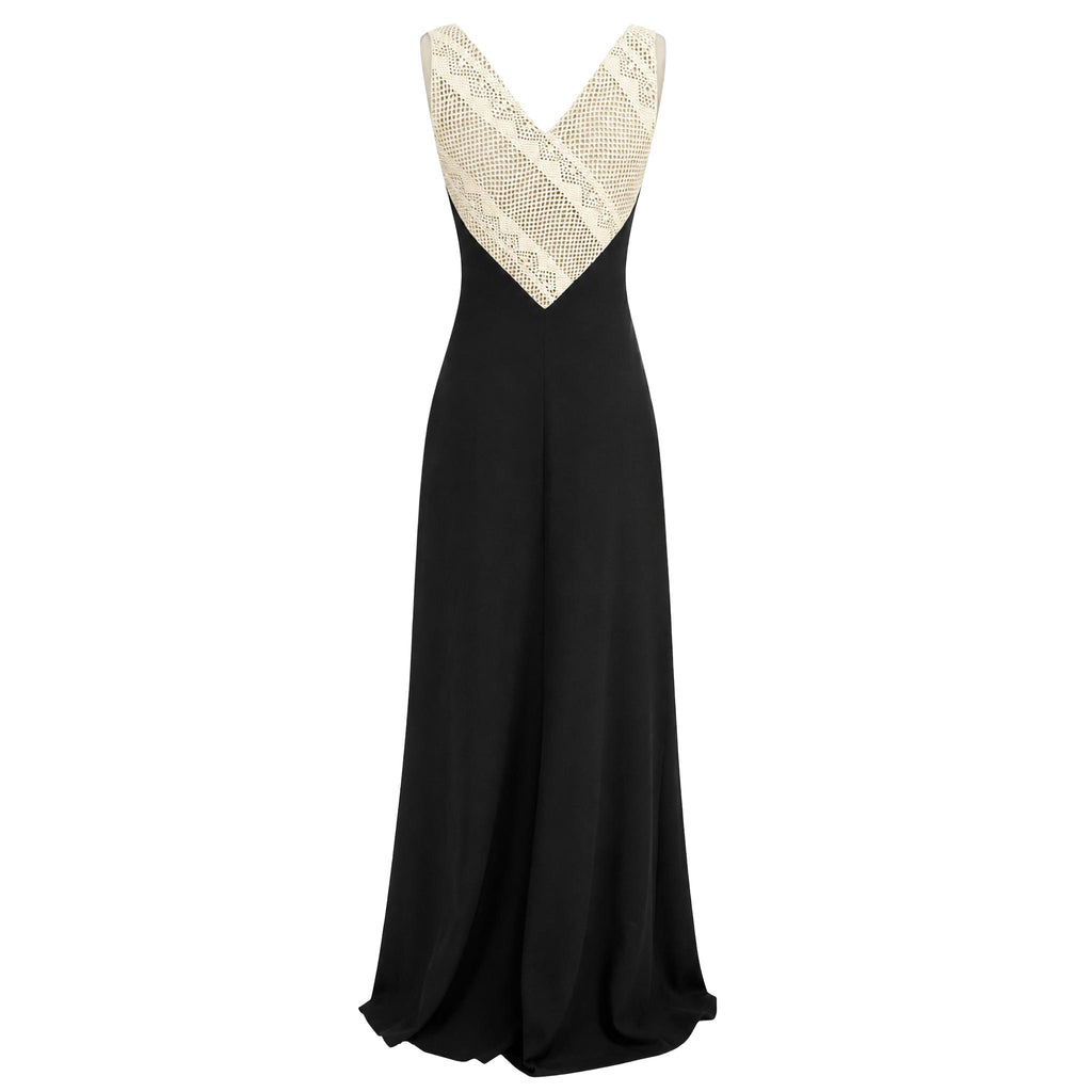 Evening Gown — Black Open-Back Maxi, Sleeveless Crepe