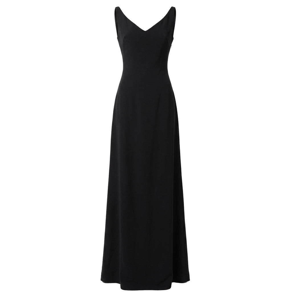 Evening Gown — Black Open-Back Maxi, Sleeveless Crepe