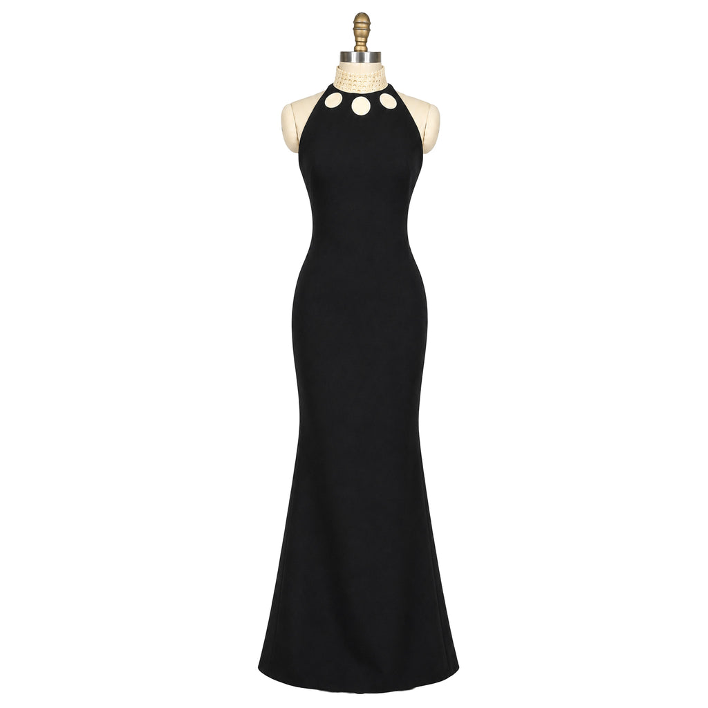 Mermaid Evening Gown — Black Halter with Woven Collar