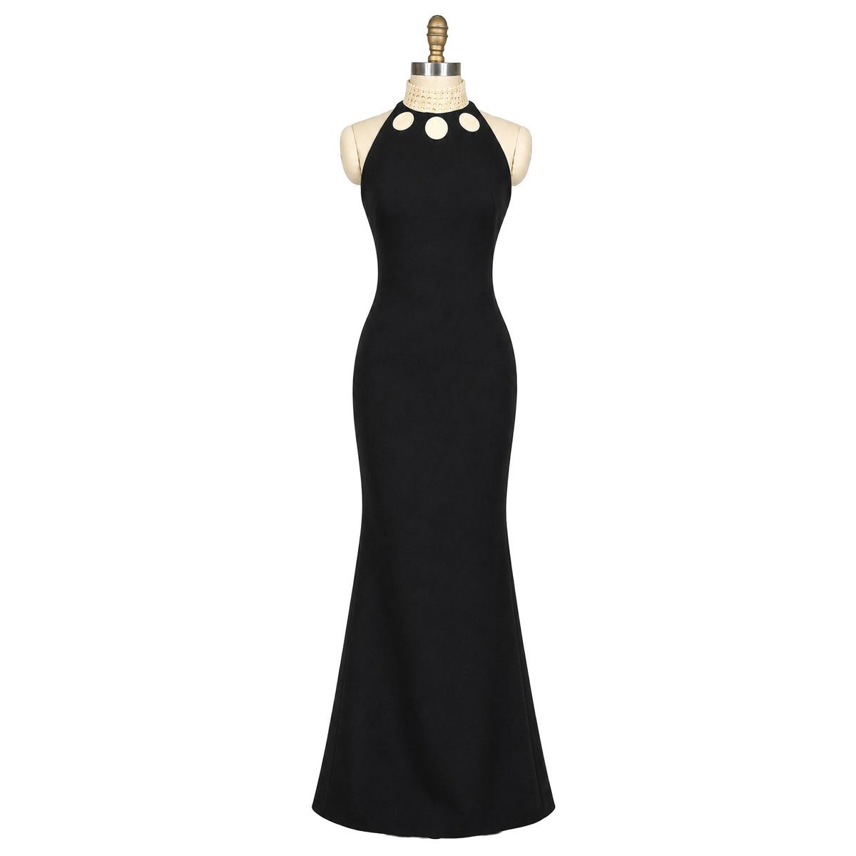 Mermaid Evening Gown — Black Halter with Woven Collar