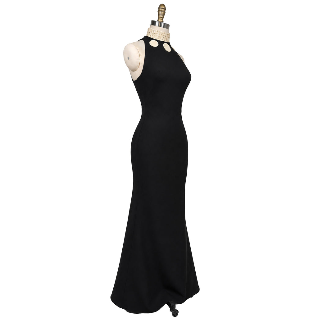 Mermaid Evening Gown — Black Halter with Woven Collar