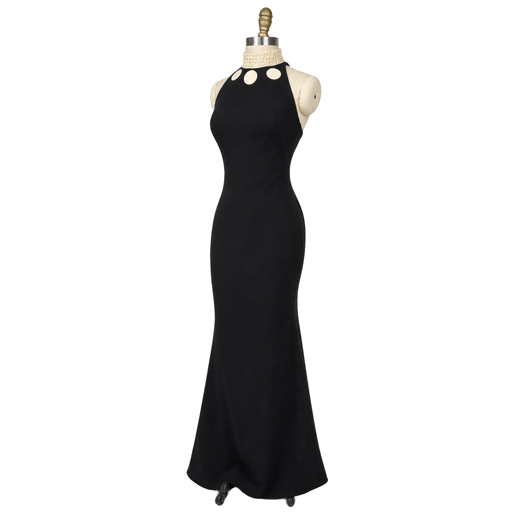 Mermaid Evening Gown — Black Halter with Woven Collar