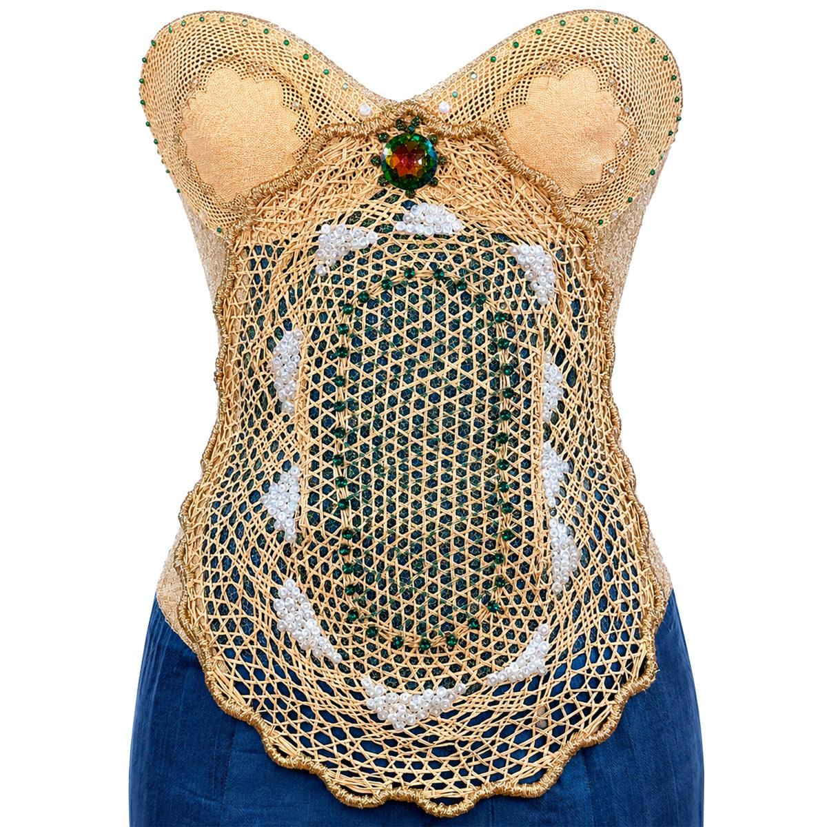 Mermaid Evening Gown — Teal Silk Satin Strapless with Gold Tulle Train