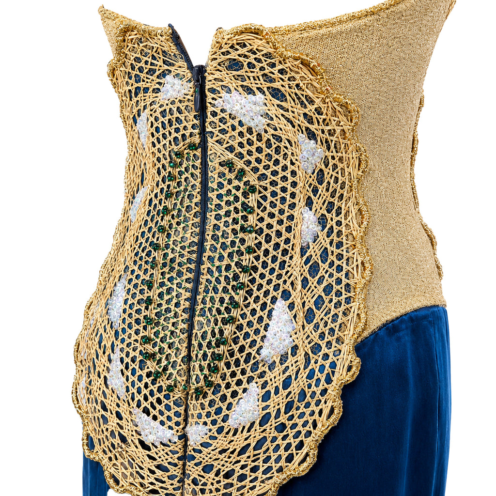 Mermaid Evening Gown — Teal Silk Satin Strapless with Gold Tulle Train
