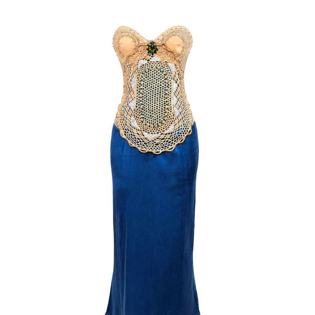 Mermaid Evening Gown — Teal Silk Satin Strapless with Gold Tulle Train