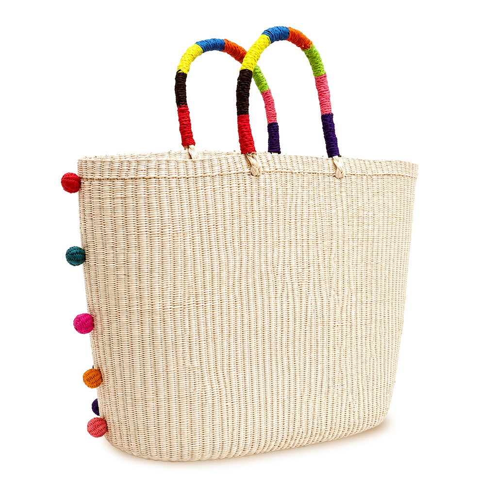 Handwoven Straw Tote Bag — Natural with Pom Poms