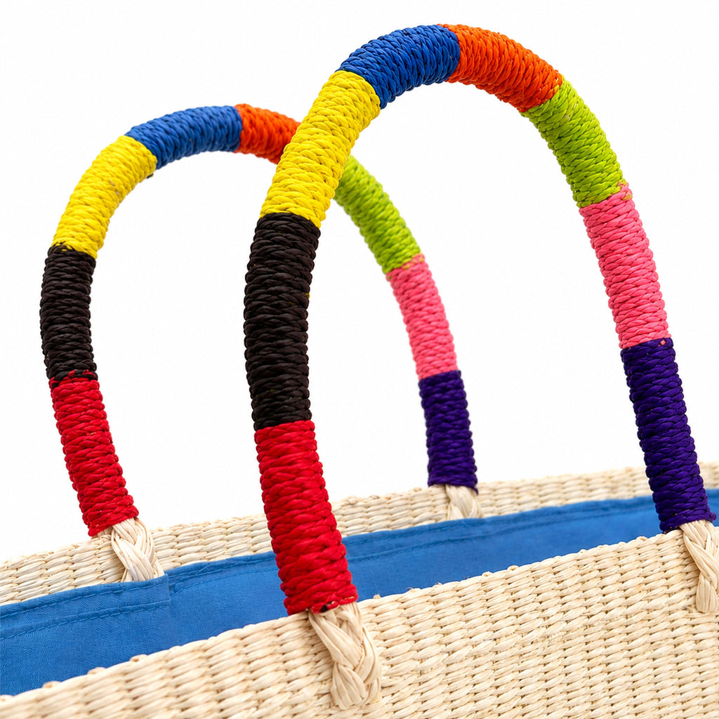 Handwoven Straw Tote Bag — Natural with Pom Poms