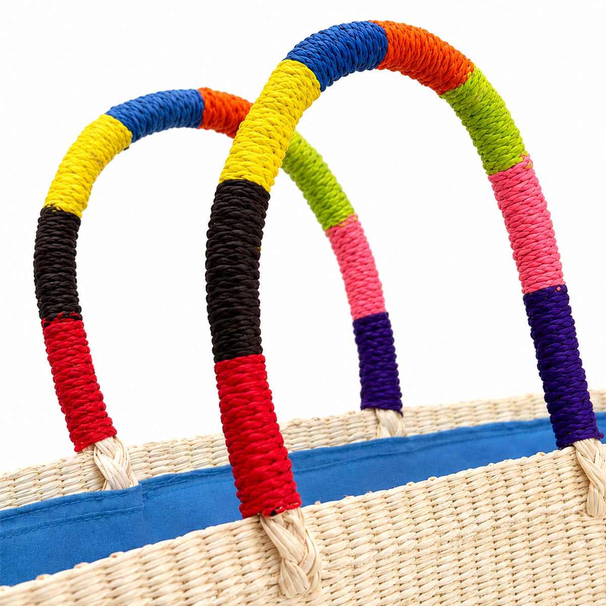 Handwoven Straw Tote Bag — Natural with Pom Poms
