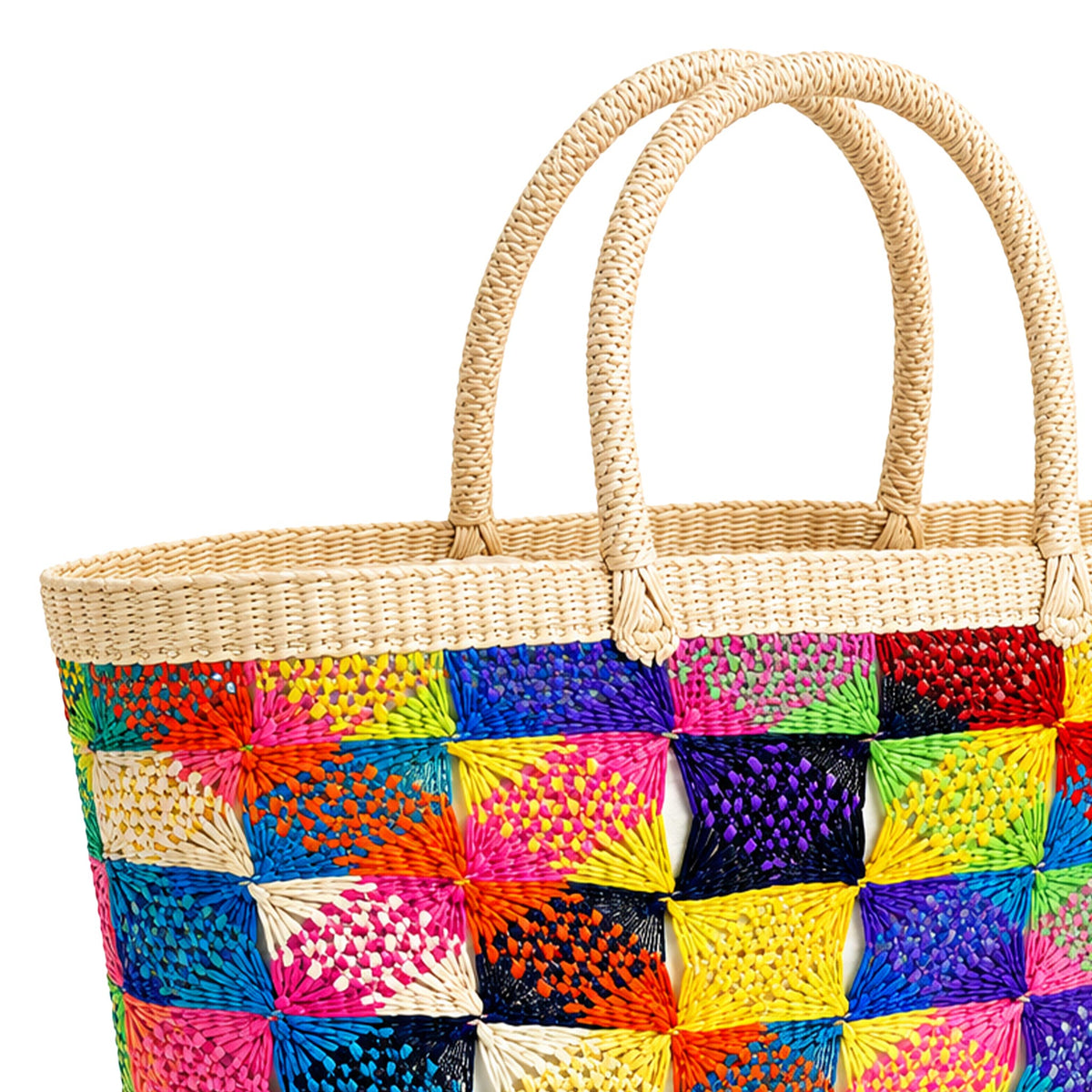 Handwoven Straw Beach Bag — Rainbow Diamond Lattice