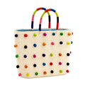 Handwoven Straw Tote Bag — Natural with Pom Poms
