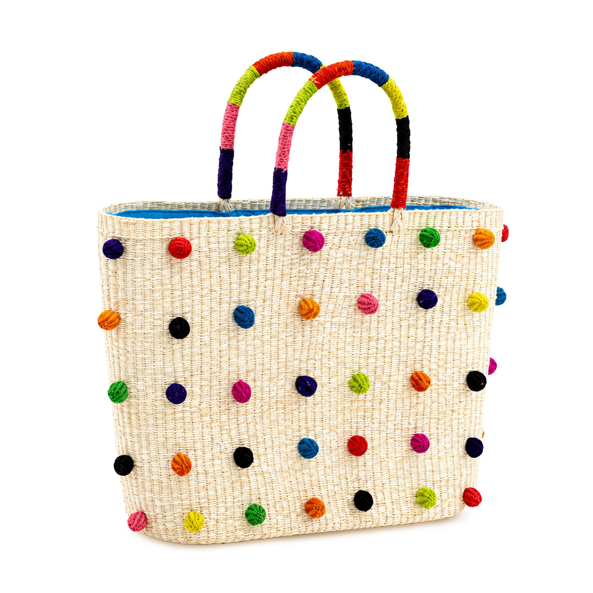 Handwoven Straw Tote Bag — Natural with Pom Poms