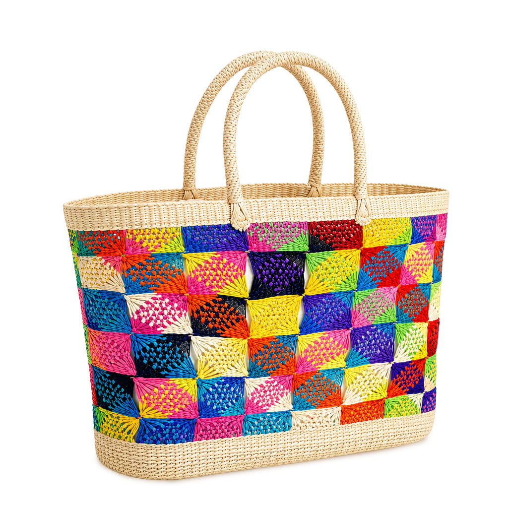 Handwoven Straw Beach Bag — Rainbow Diamond Lattice