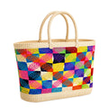 Handwoven Straw Beach Bag — Rainbow Diamond Lattice
