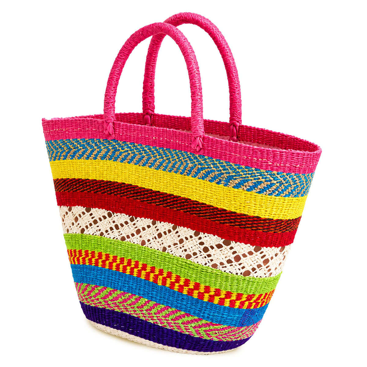 Handwoven Straw Beach Bag — Multicolour Stripe, Pink Handles