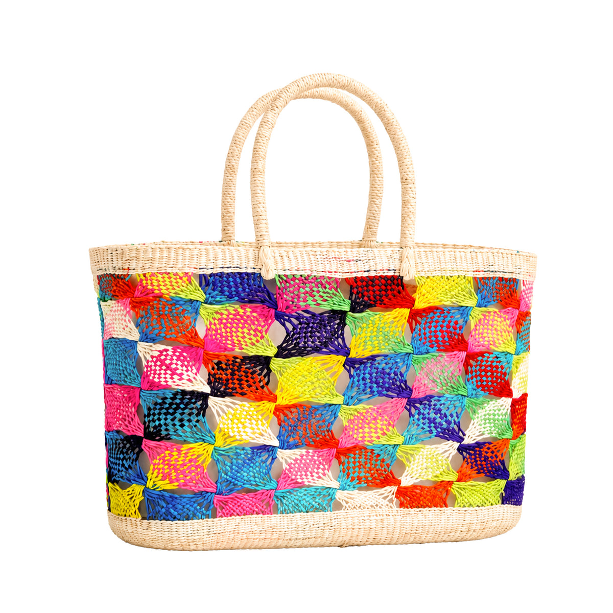 Handwoven Straw Beach Bag — Rainbow Diamond Lattice