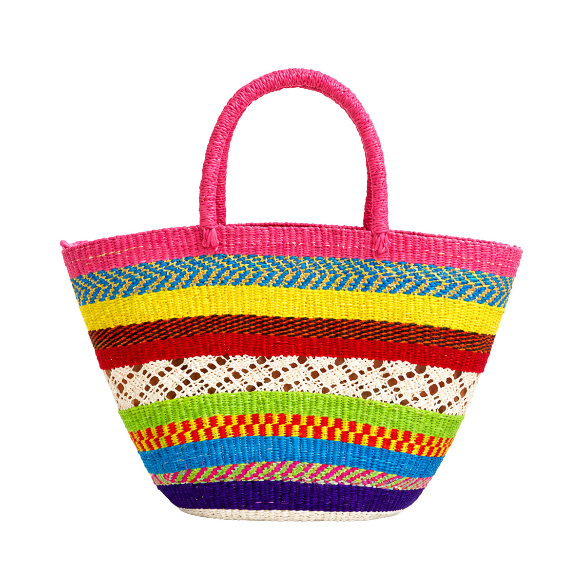Handwoven Straw Beach Bag — Multicolour Stripe, Pink Handles