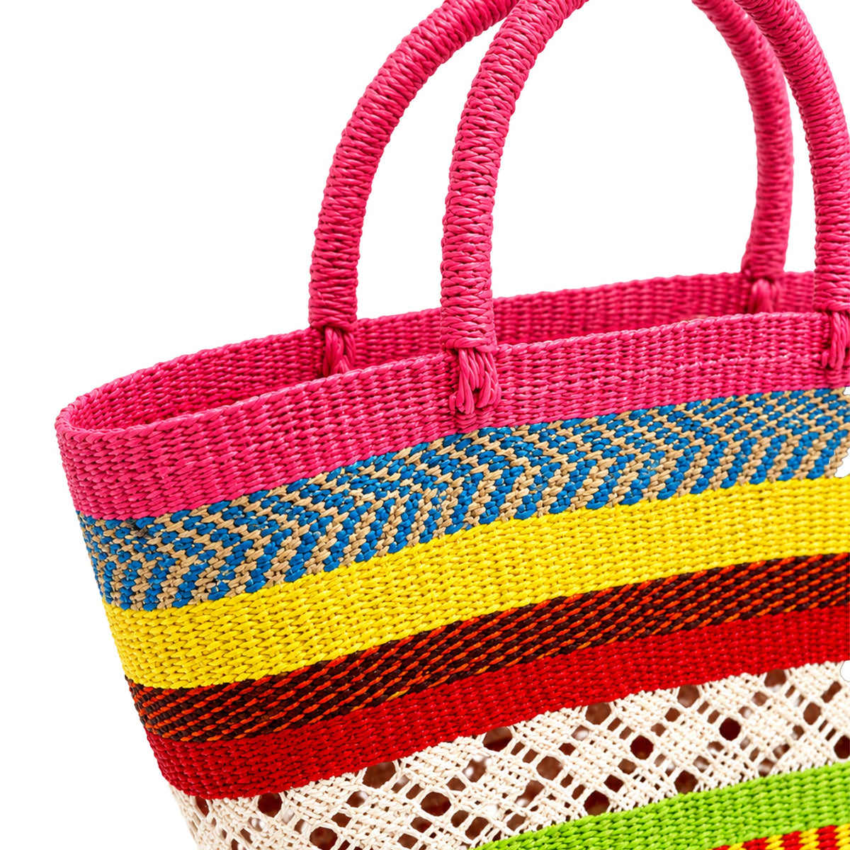 Handwoven Straw Beach Bag — Multicolour Stripe, Pink Handles