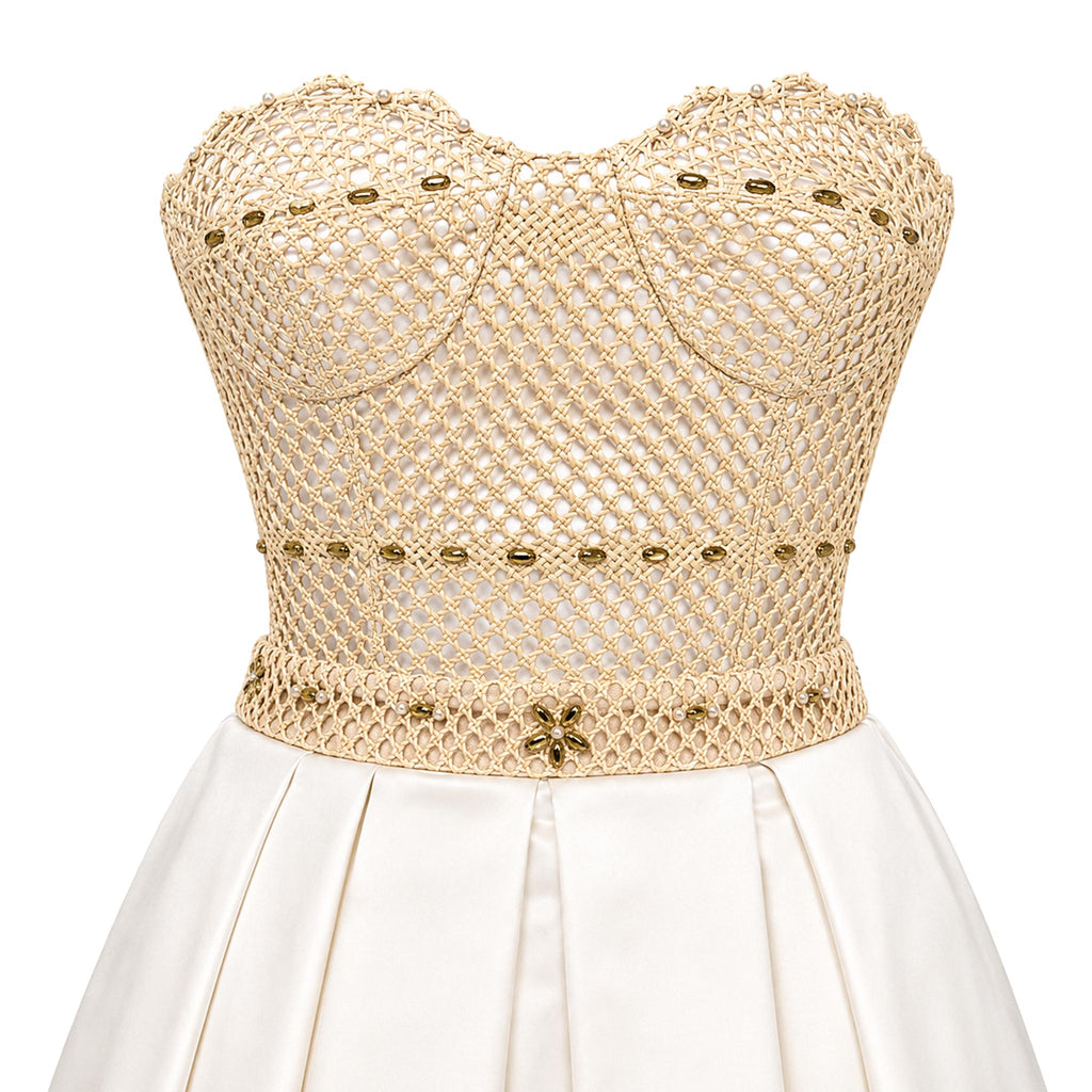 Ball Gown Wedding Dress — Ivory Strapless Satin, Beaded