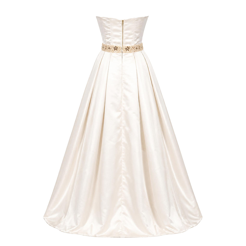 Ball Gown Wedding Dress — Ivory Strapless Satin, Beaded