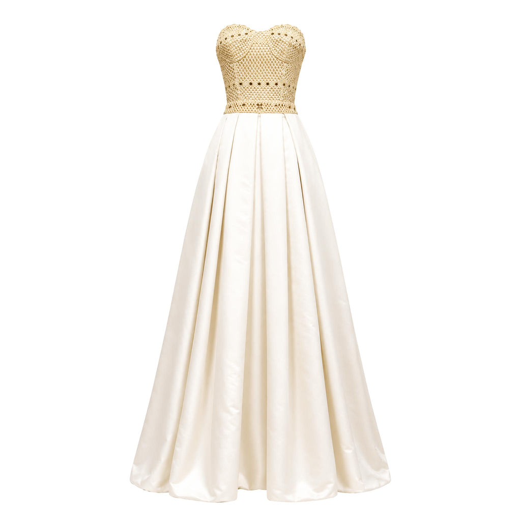 Ball Gown Wedding Dress — Ivory Strapless Satin, Beaded