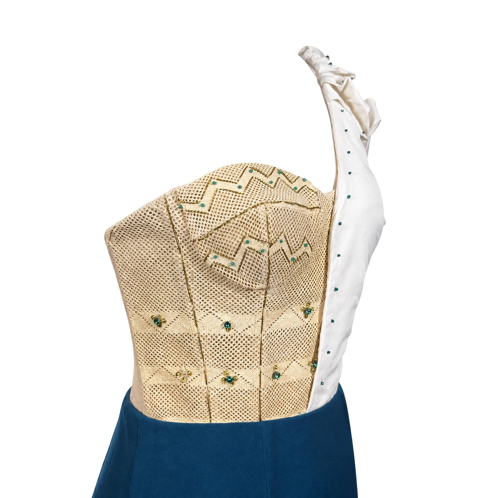 Mermaid Evening Gown — Teal One-Shoulder with Beaded Corset