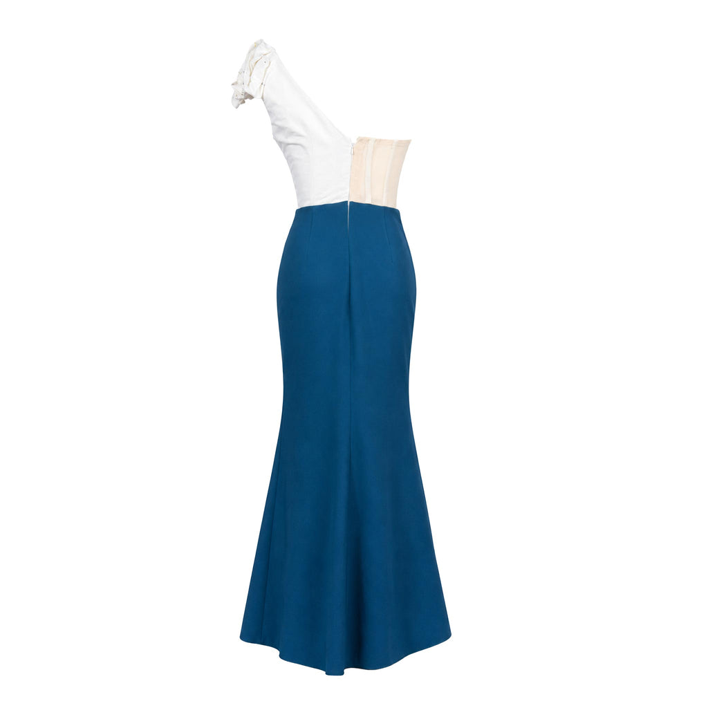 Mermaid Evening Gown — Teal One-Shoulder with Beaded Corset