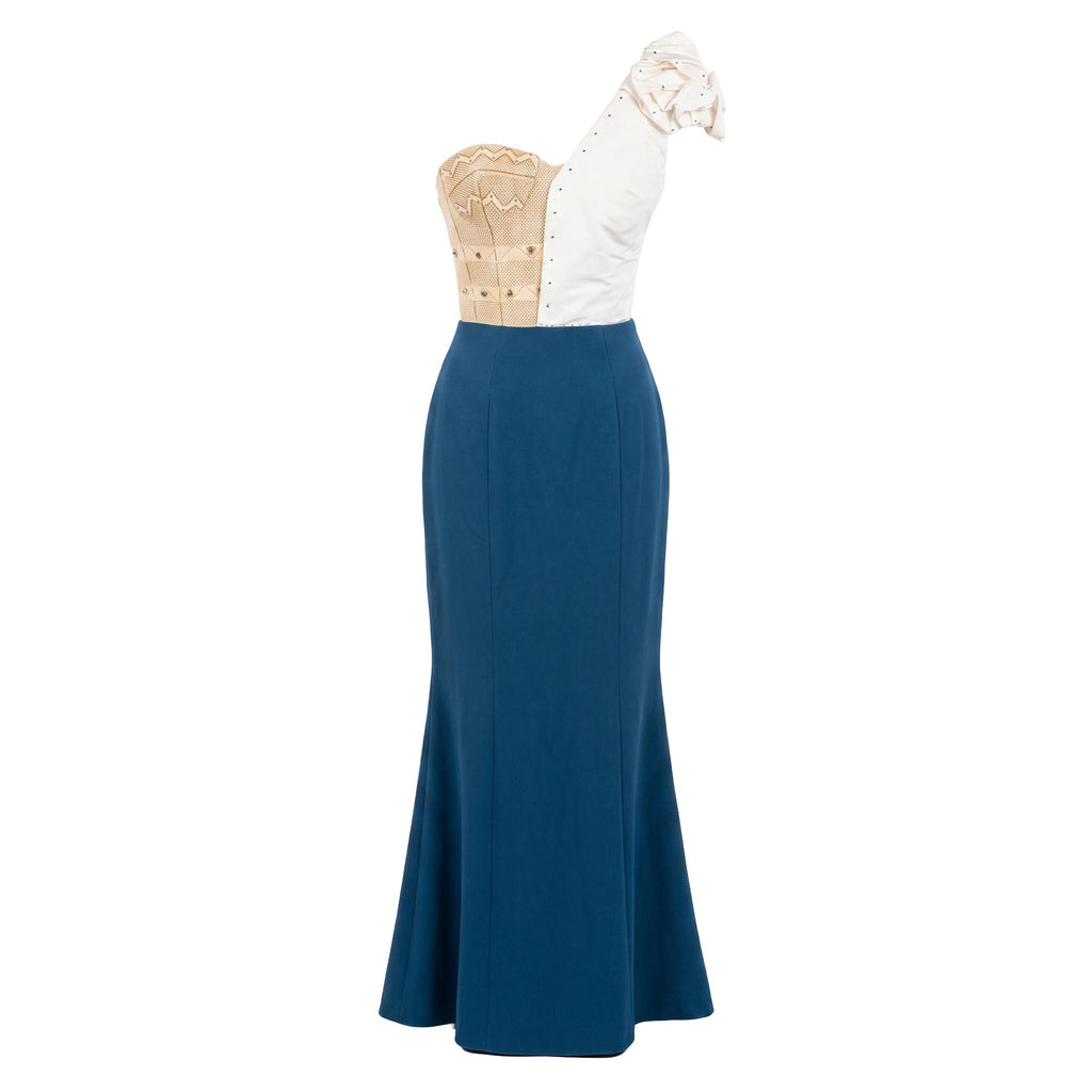 Mermaid Evening Gown — Teal One-Shoulder with Beaded Corset
