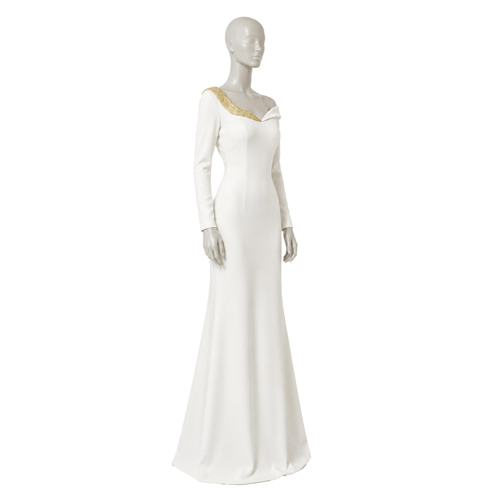 Mermaid Wedding Dress — Ivory One-Shoulder Crepe, Beaded