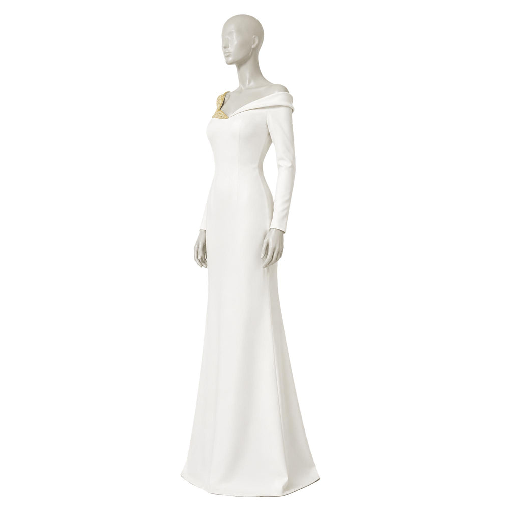 Mermaid Wedding Dress — Ivory One-Shoulder Crepe, Beaded