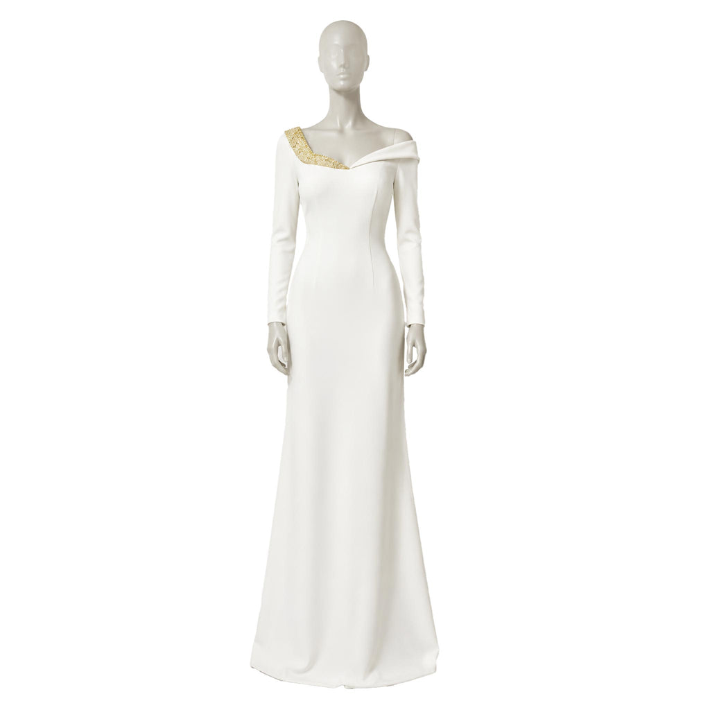 Mermaid Wedding Dress — Ivory One-Shoulder Crepe, Beaded