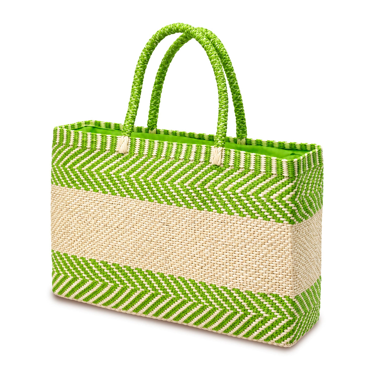 Handwoven Straw Tote Bag — Green and Natural Chevron
