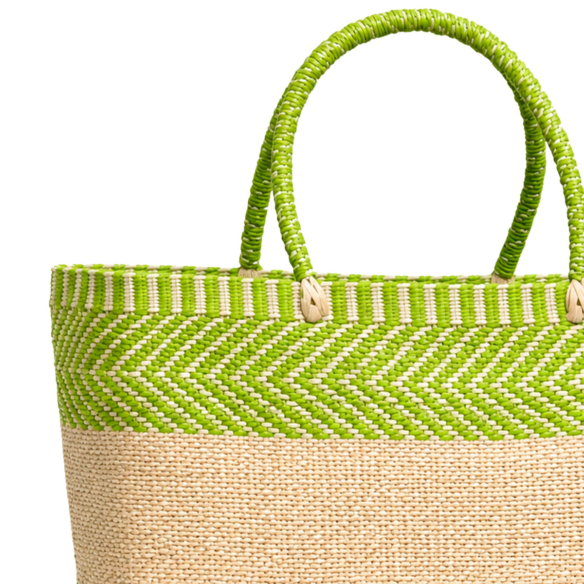 Handwoven Straw Tote Bag — Green and Natural Chevron