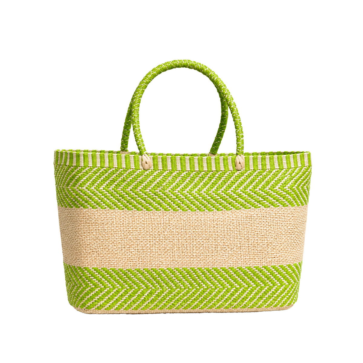 Handwoven Straw Tote Bag — Green and Natural Chevron