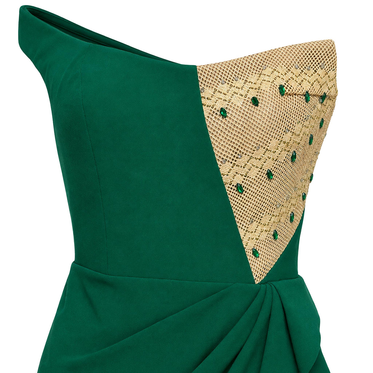 Cocktail Dress — Emerald Green Off-Shoulder Draped Mini
