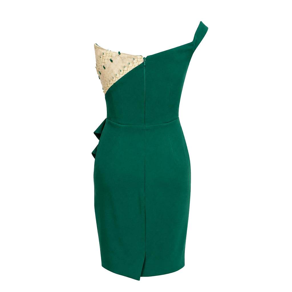 Cocktail Dress — Emerald Green Off-Shoulder Draped Mini