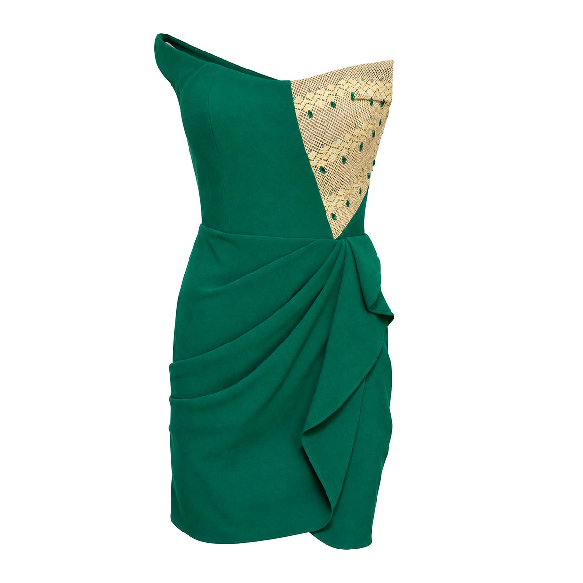 Cocktail Dress — Emerald Green Off-Shoulder Draped Mini
