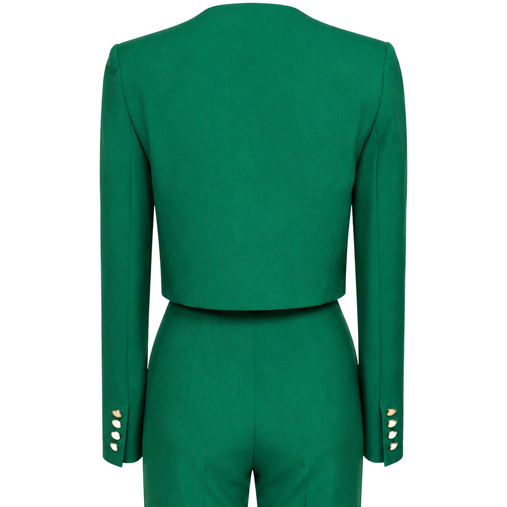 Two-Piece Suit — Emerald Green Collarless Jacket and Flared Trousers