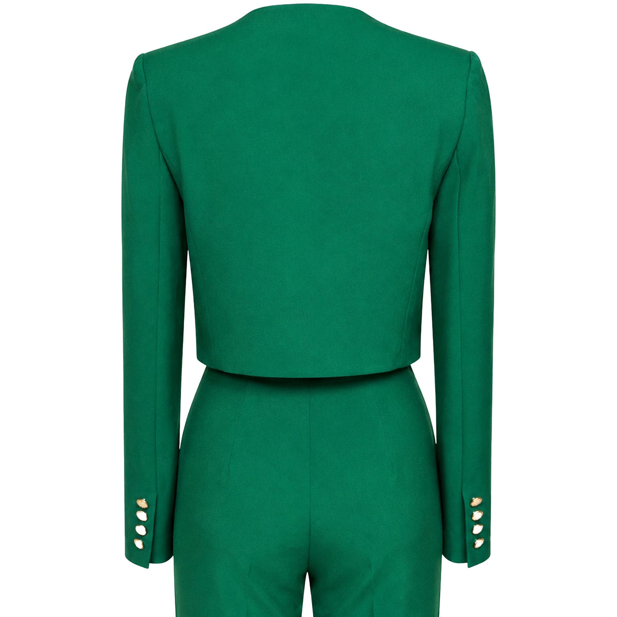 Two-Piece Suit — Emerald Green Collarless Jacket and Flared Trousers