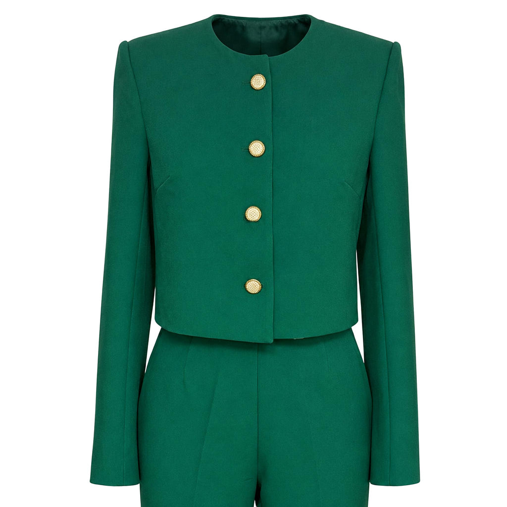 Two-Piece Suit — Emerald Green Collarless Jacket and Flared Trousers