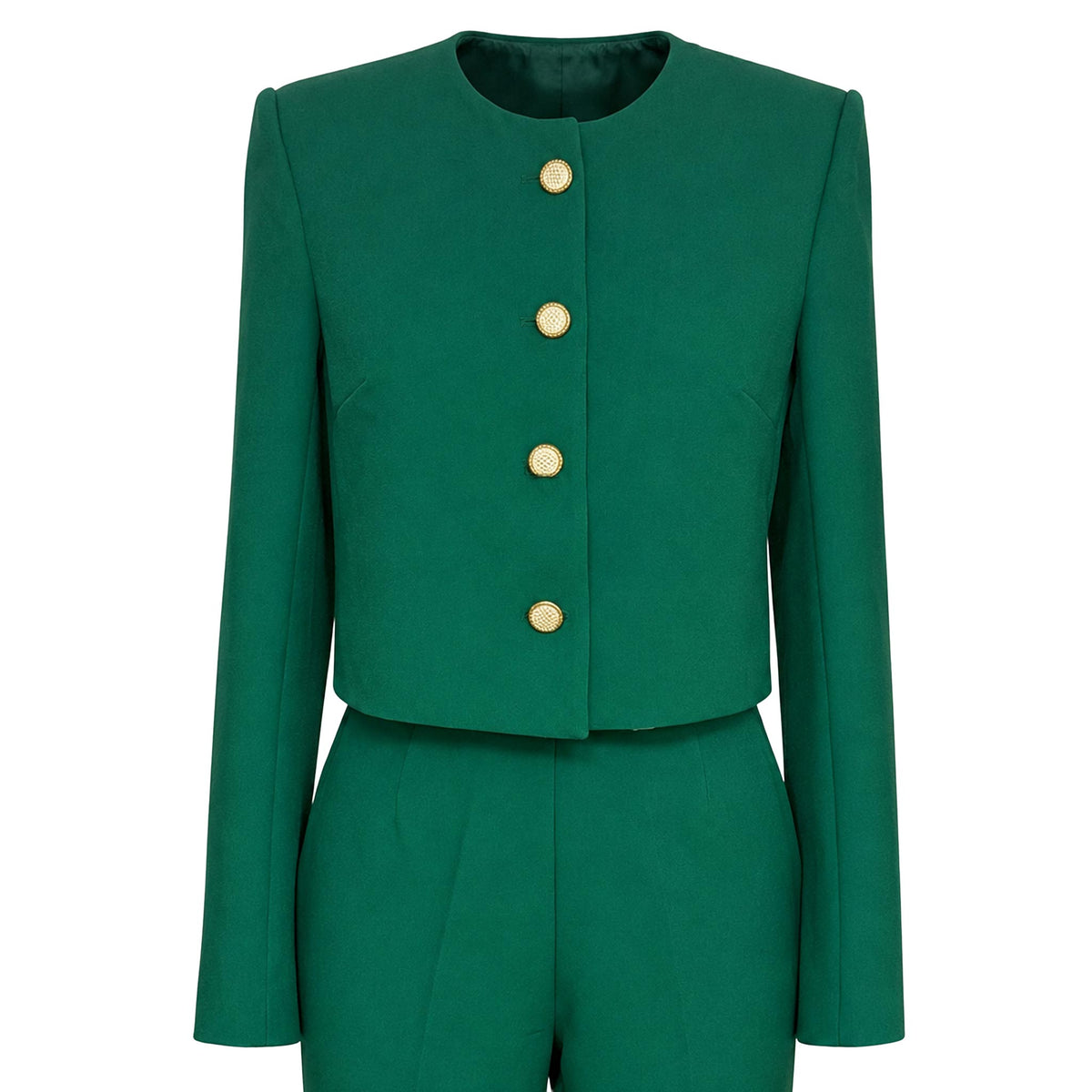 Two-Piece Suit — Emerald Green Collarless Jacket and Flared Trousers