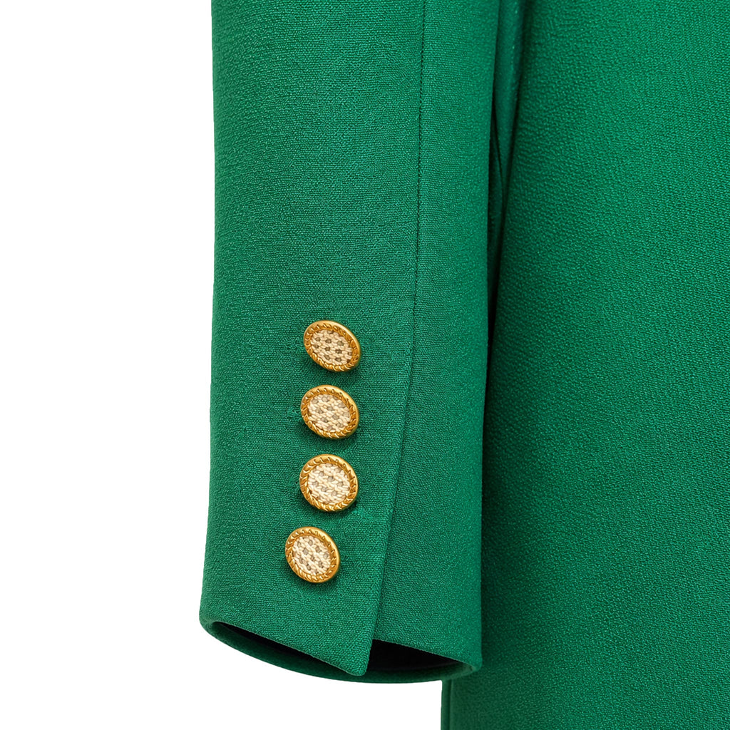Two-Piece Suit — Emerald Green Collarless Jacket and Flared Trousers