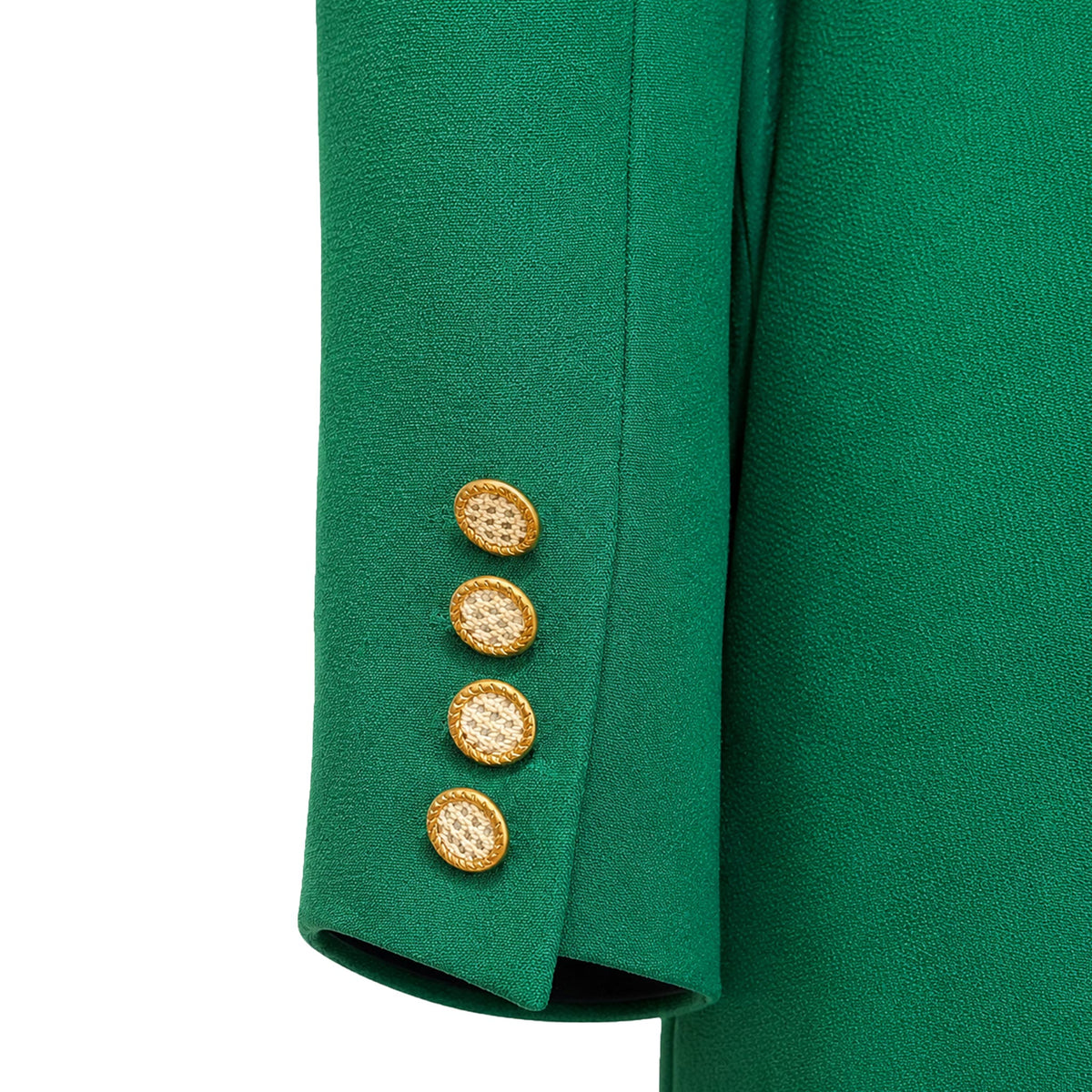 Two-Piece Suit — Emerald Green Collarless Jacket and Flared Trousers