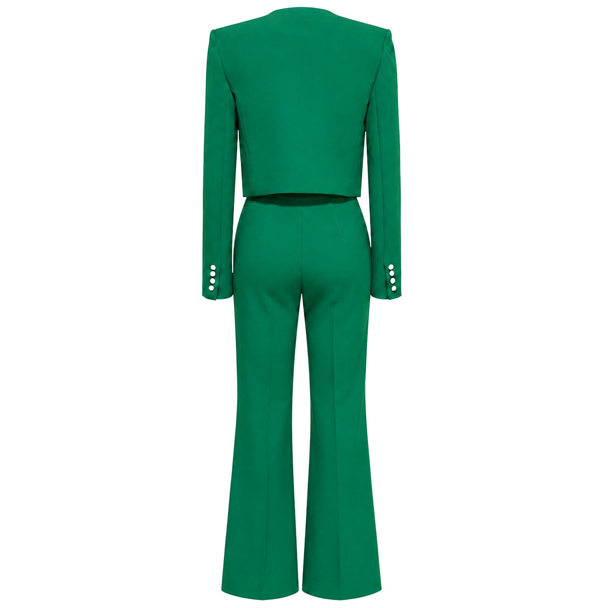 Two-Piece Suit — Emerald Green Collarless Jacket and Flared Trousers