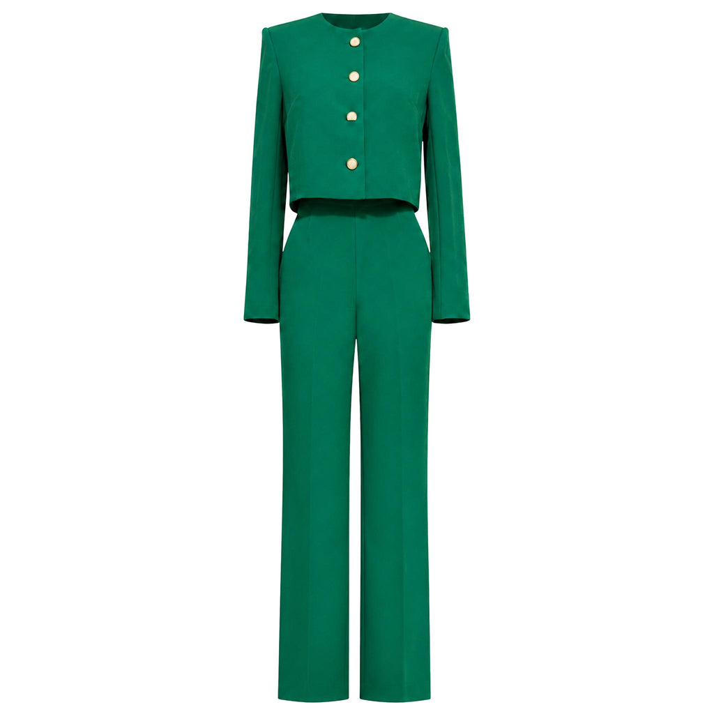 Two-Piece Suit — Emerald Green Collarless Jacket and Flared Trousers