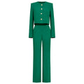 Two-Piece Suit — Emerald Green Collarless Jacket and Flared Trousers