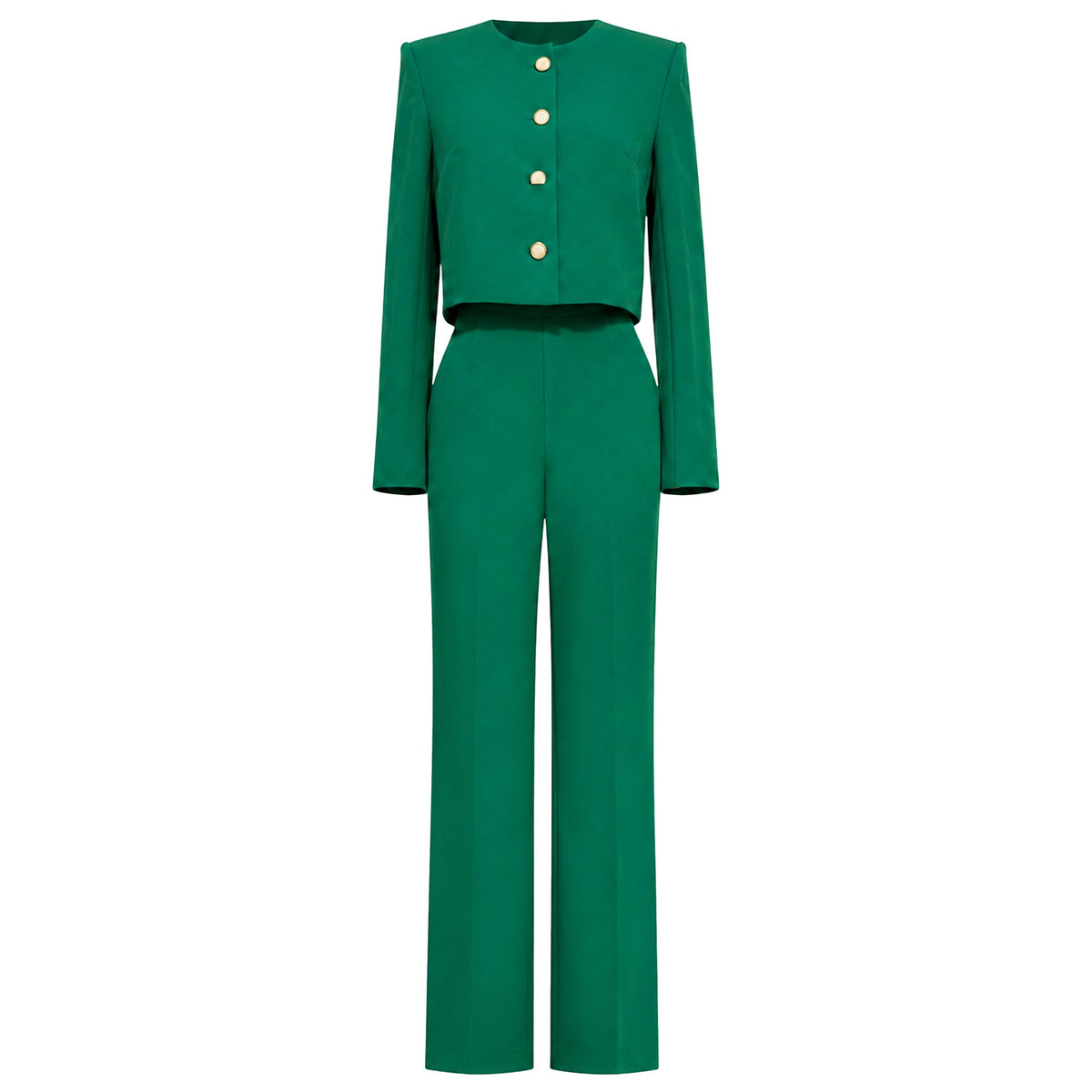 Two-Piece Suit — Emerald Green Collarless Jacket and Flared Trousers