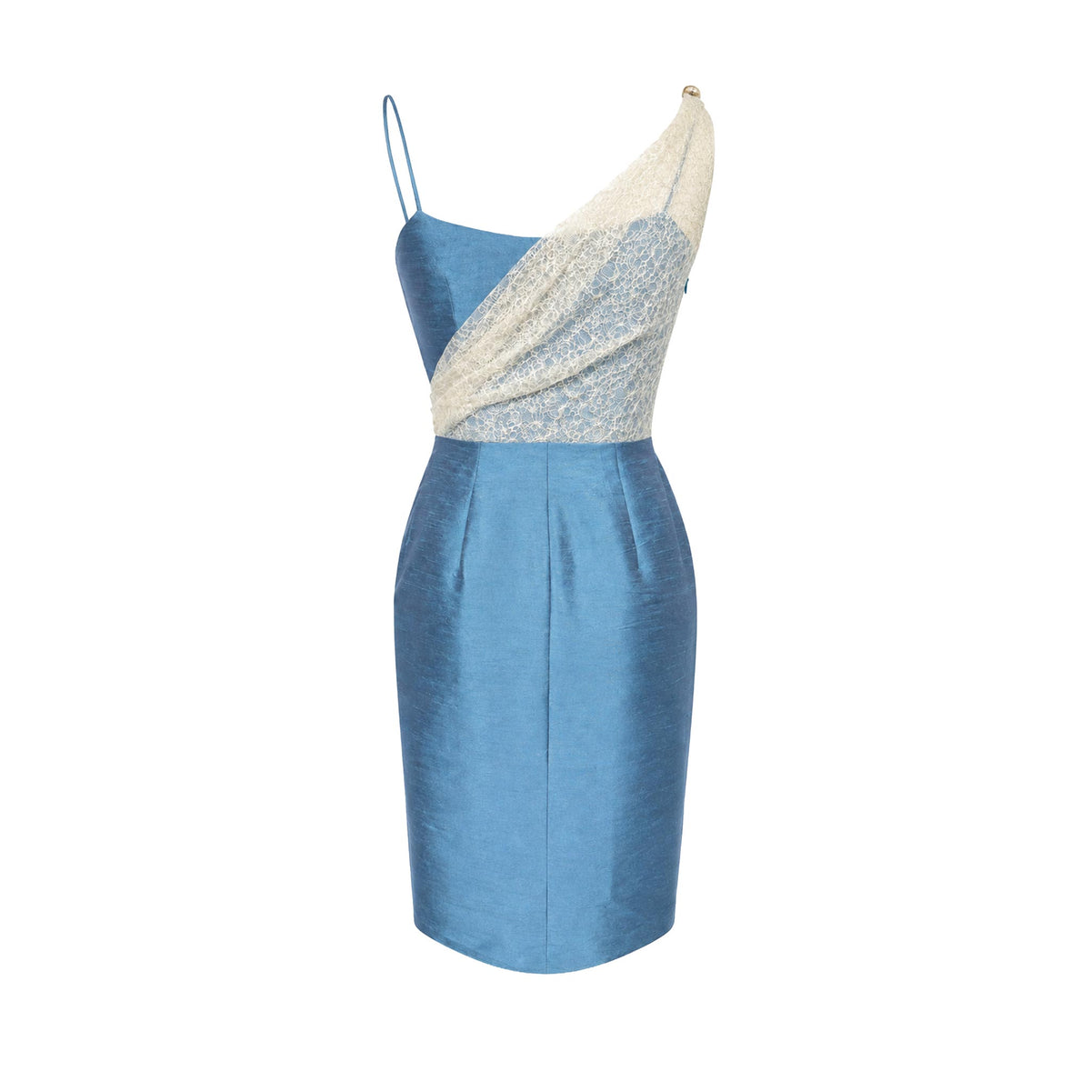 Cocktail Dress — Light Blue Silk Shantung with Beaded Lace Bodice