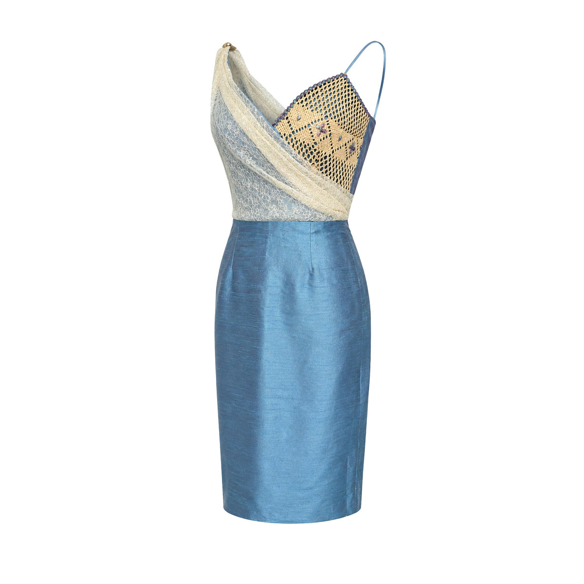 Cocktail Dress — Light Blue Silk Shantung with Beaded Lace Bodice