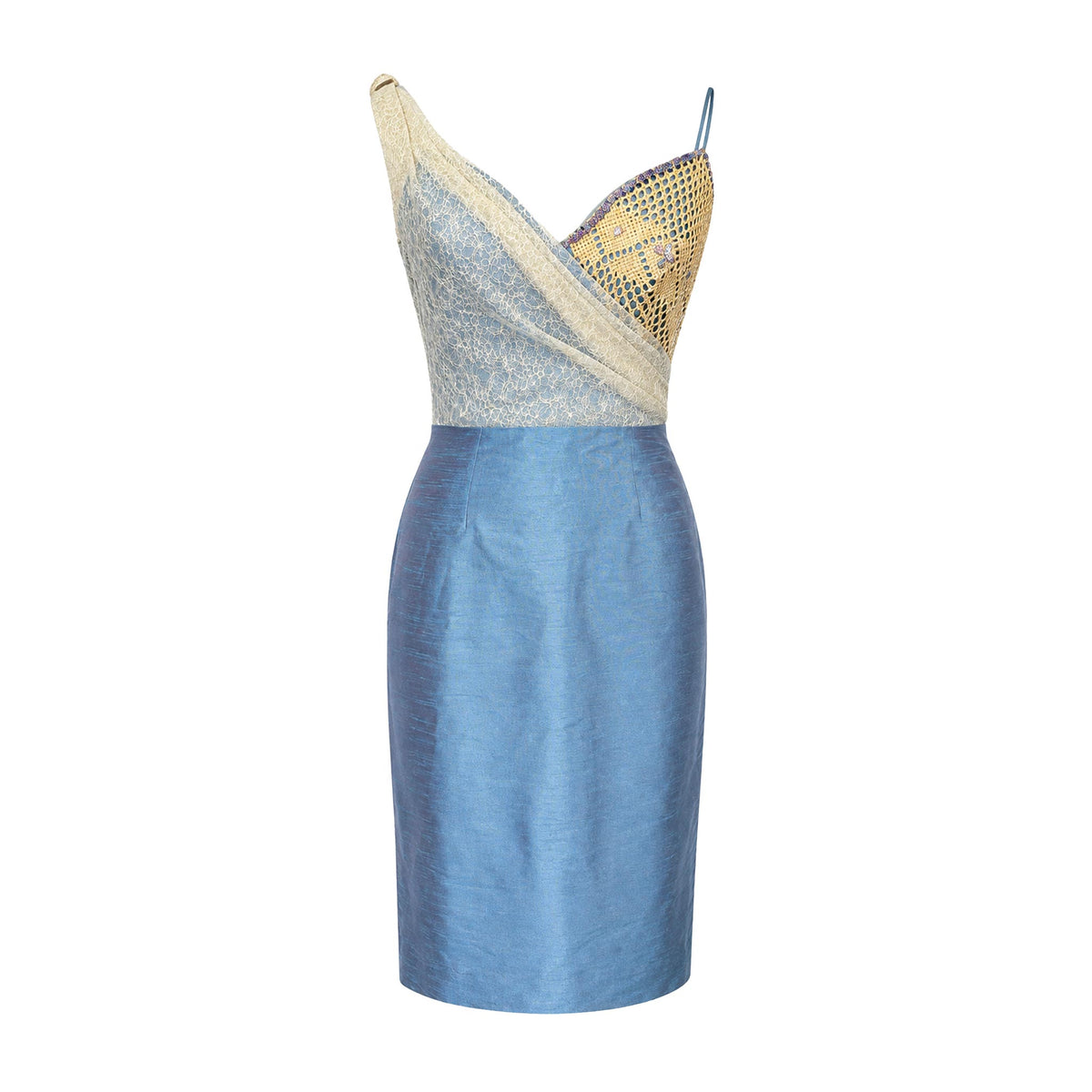 Cocktail Dress — Light Blue Silk Shantung with Beaded Lace Bodice