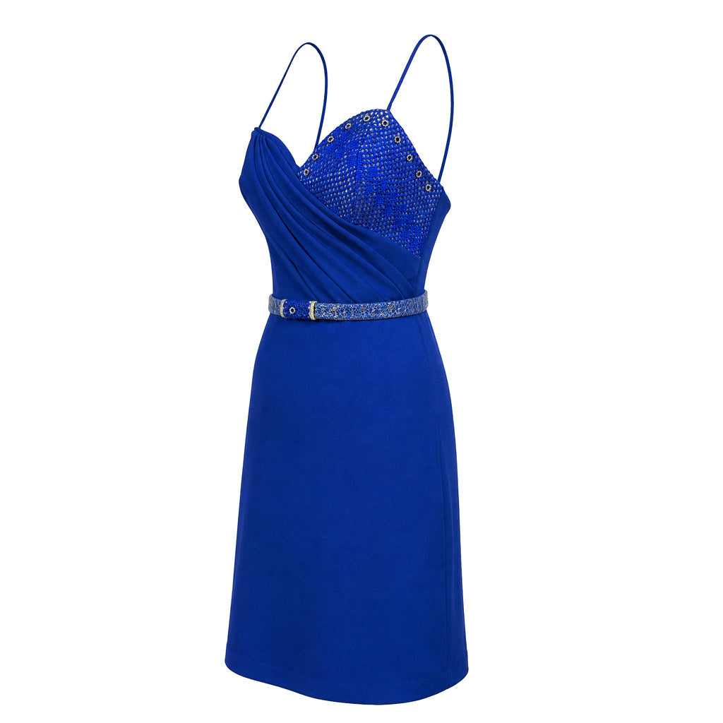 Cocktail Dress — Royal Blue Strapless Draped Mini, Beaded